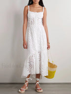 Hollow Out Square Collar Floral Dress White / S