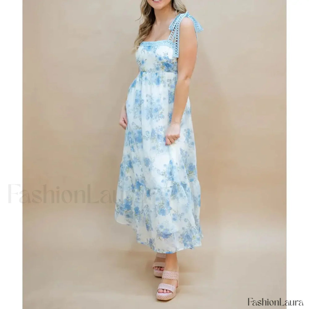 Hollow Out Square Neck Midi Dress blue / S