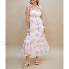 Hollow Out Square Neck Midi Dress pink / S