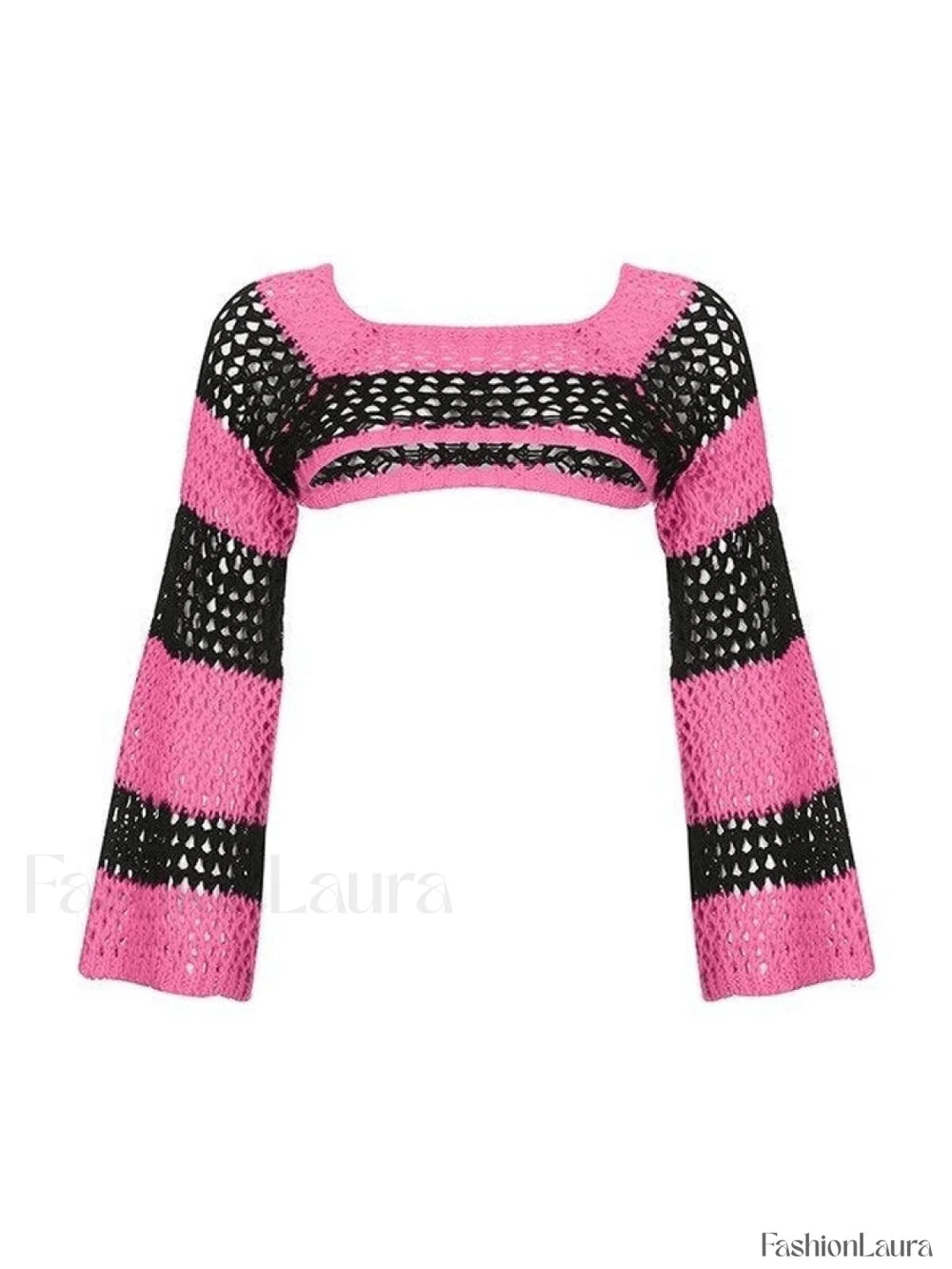 Hollow Out Striped Long Sleeve Bolero Knit Top Pink / ONE SIZE Sweaters