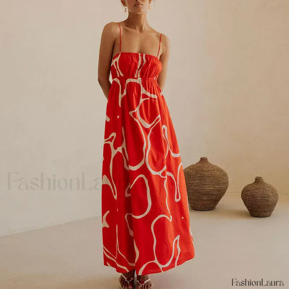 Hollow Out Swing Floral Dress 01 Red / S