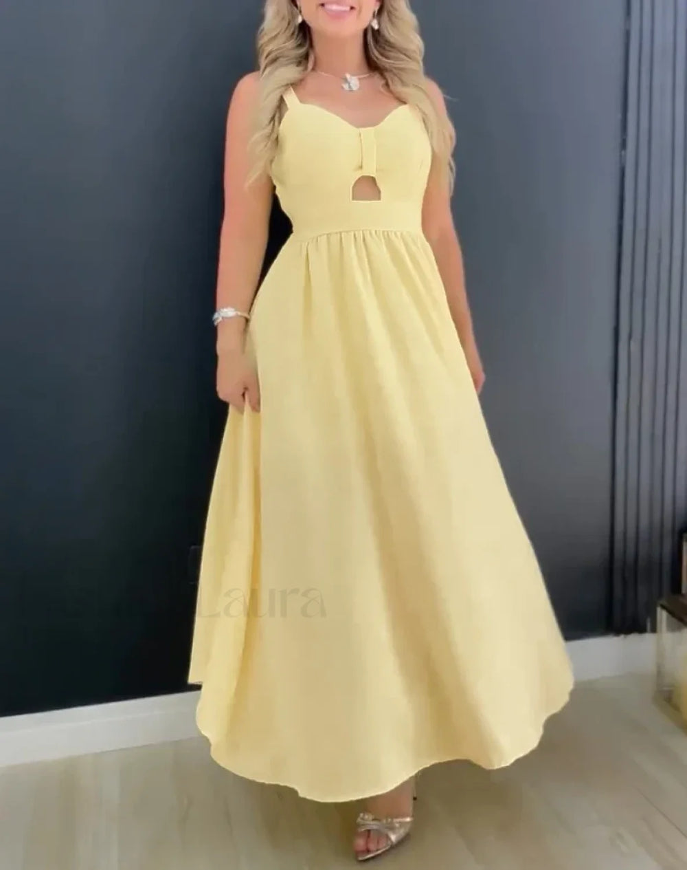 Hollow Out Tied Waist Midi Dress yellow / S