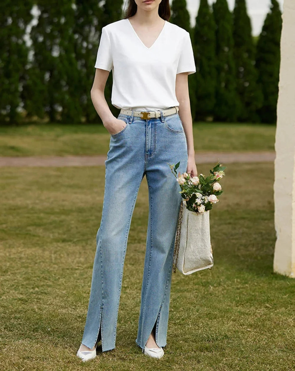 Hollow Out V Neck T Shirt White / S