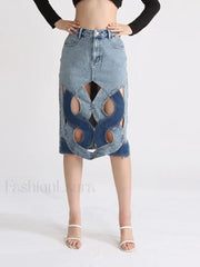 Hollow Out Zipper Denim Skirt