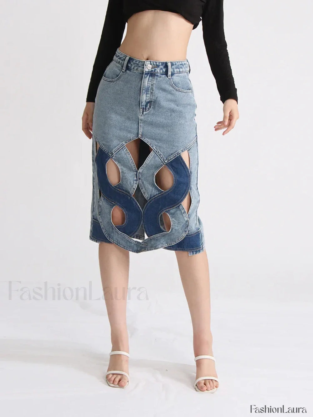 Hollow Out Zipper Denim Skirt Blue / S