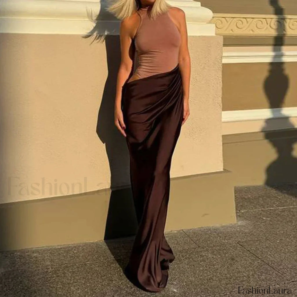 Hollow Pleated Patchwork Maxi Dress