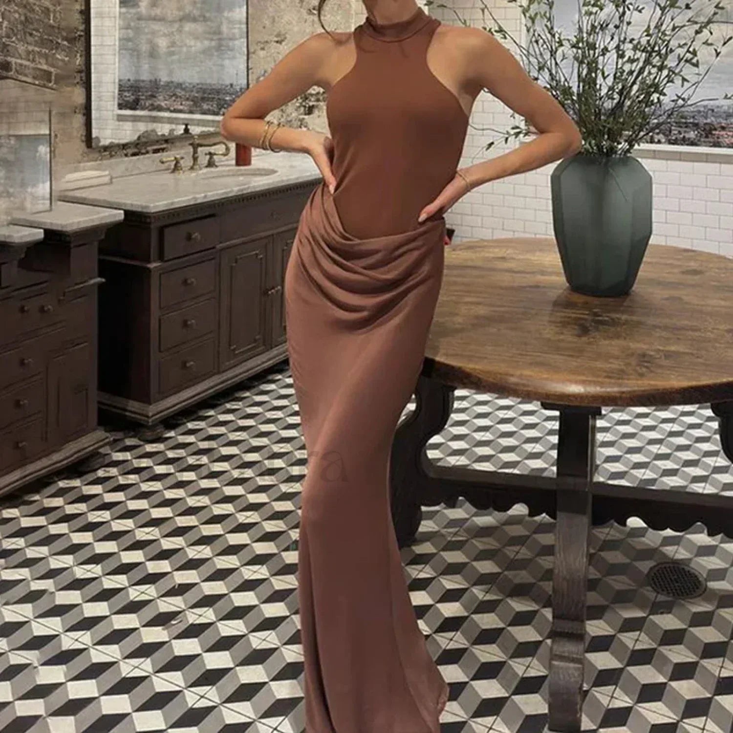 Hollow Pleated Patchwork Maxi Dress Main image