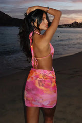 Hollow Print Halter Beach Vacation Floral Dress