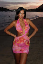 Hollow Print Halter Beach Vacation Floral Dress Pink / XS