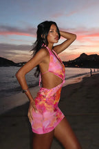 Hollow Print Halter Beach Vacation Floral Dress