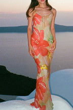 Hollow Print Strappy Halter Spice Girl Floral Dress Orange / S