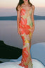 Hollow Print Strappy Halter Spice Girl Floral Dress Orange / S
