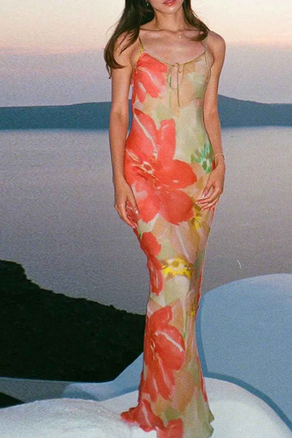 Hollow Print Strappy Halter Spice Girl Floral Dress Orange / S