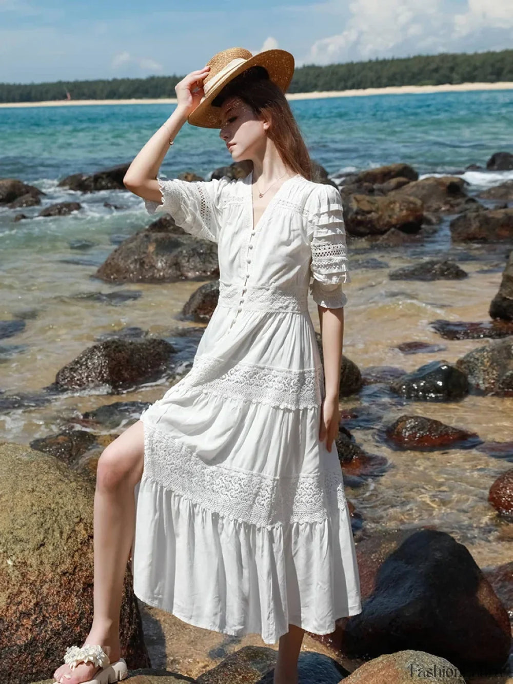 Hollow Splicing Lace Boho Dress white short sleeve / S