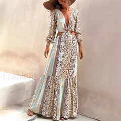Hollow Splicing Long Sleeve Boho Dress