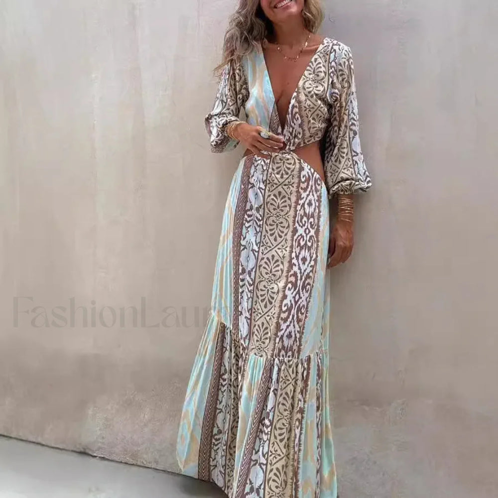Hollow Splicing Long Sleeve Boho Dress