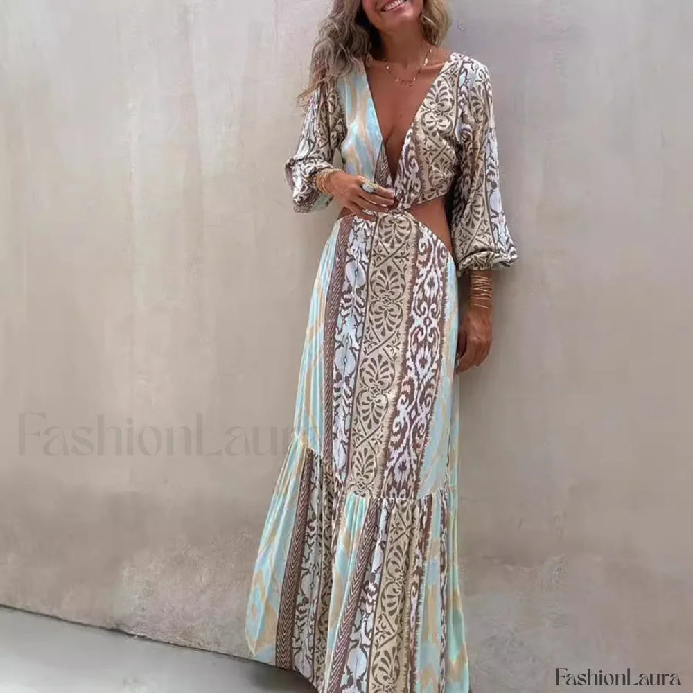 Hollow Splicing Long Sleeve Boho Dress