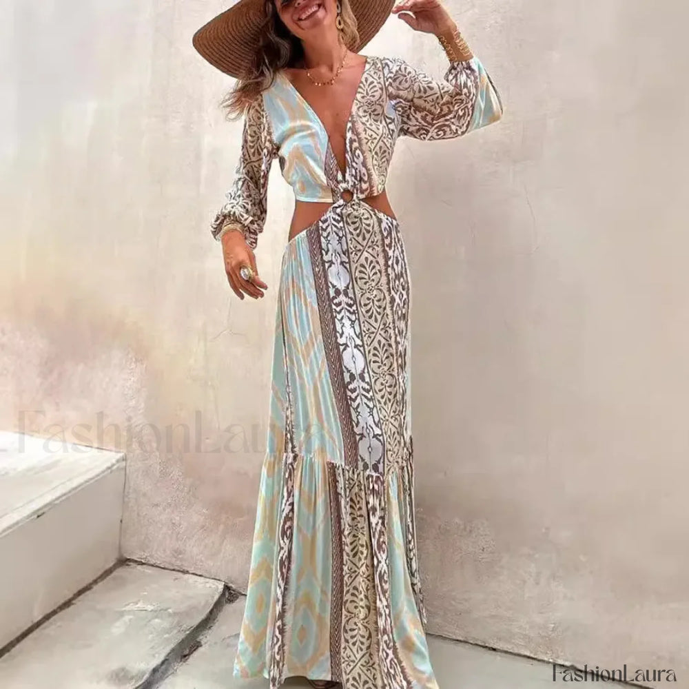Hollow Splicing Long Sleeve Boho Dress
