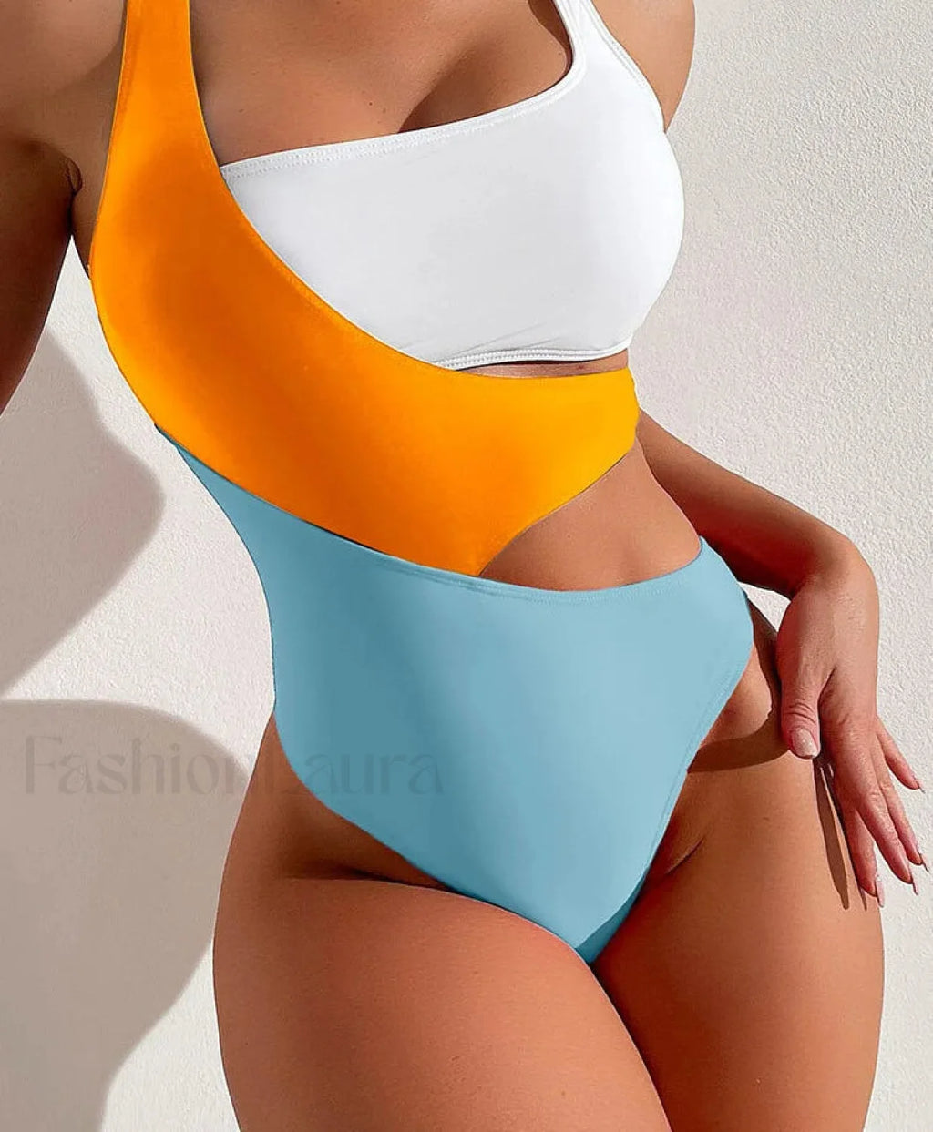 Hollow Strapped High Waist One Piece orange white blue / S