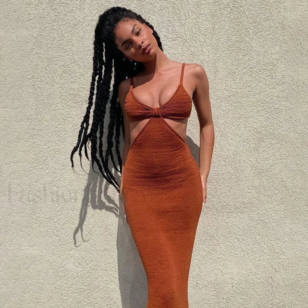 Hollow Wrapped High Waist Maxi Dress Brown / S