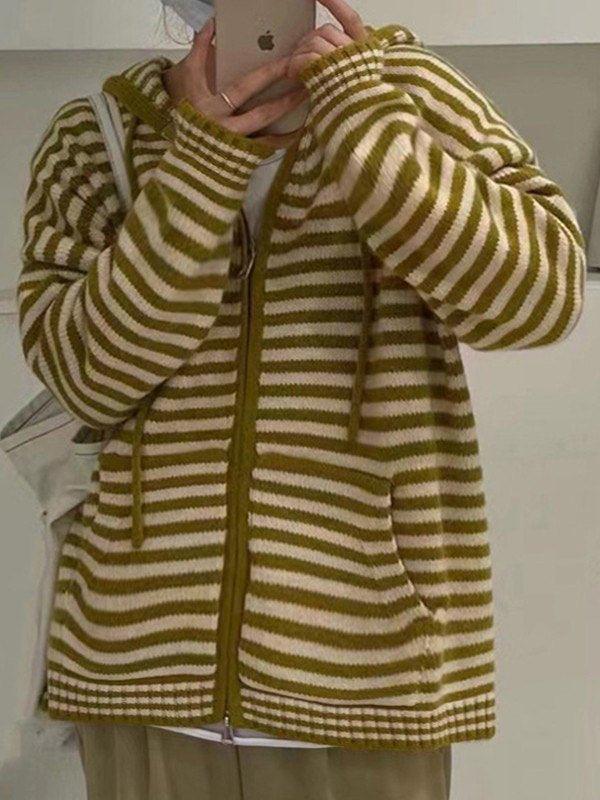 Hooded Striped Long Sleeve Knit Cardigan Sweaters