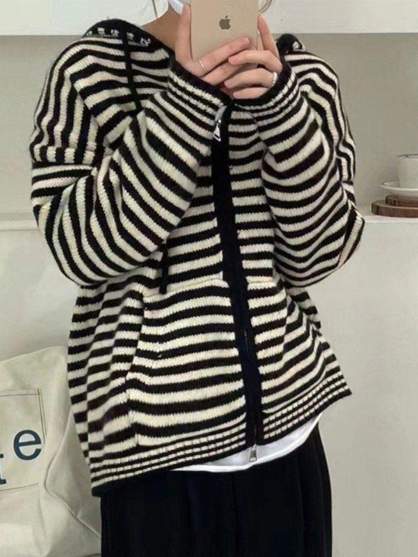 Hooded Striped Long Sleeve Knit Cardigan Black / ONE SIZE Sweaters Main image