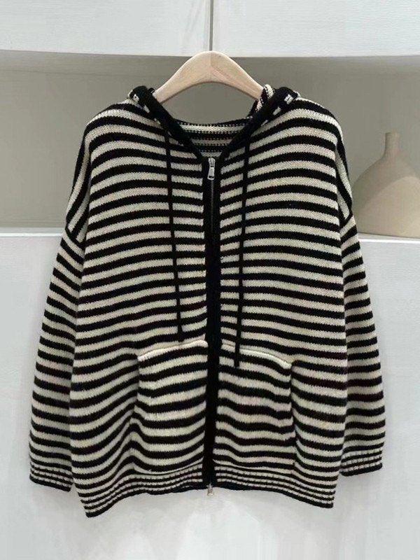 Hooded Striped Long Sleeve Knit Cardigan Sweaters