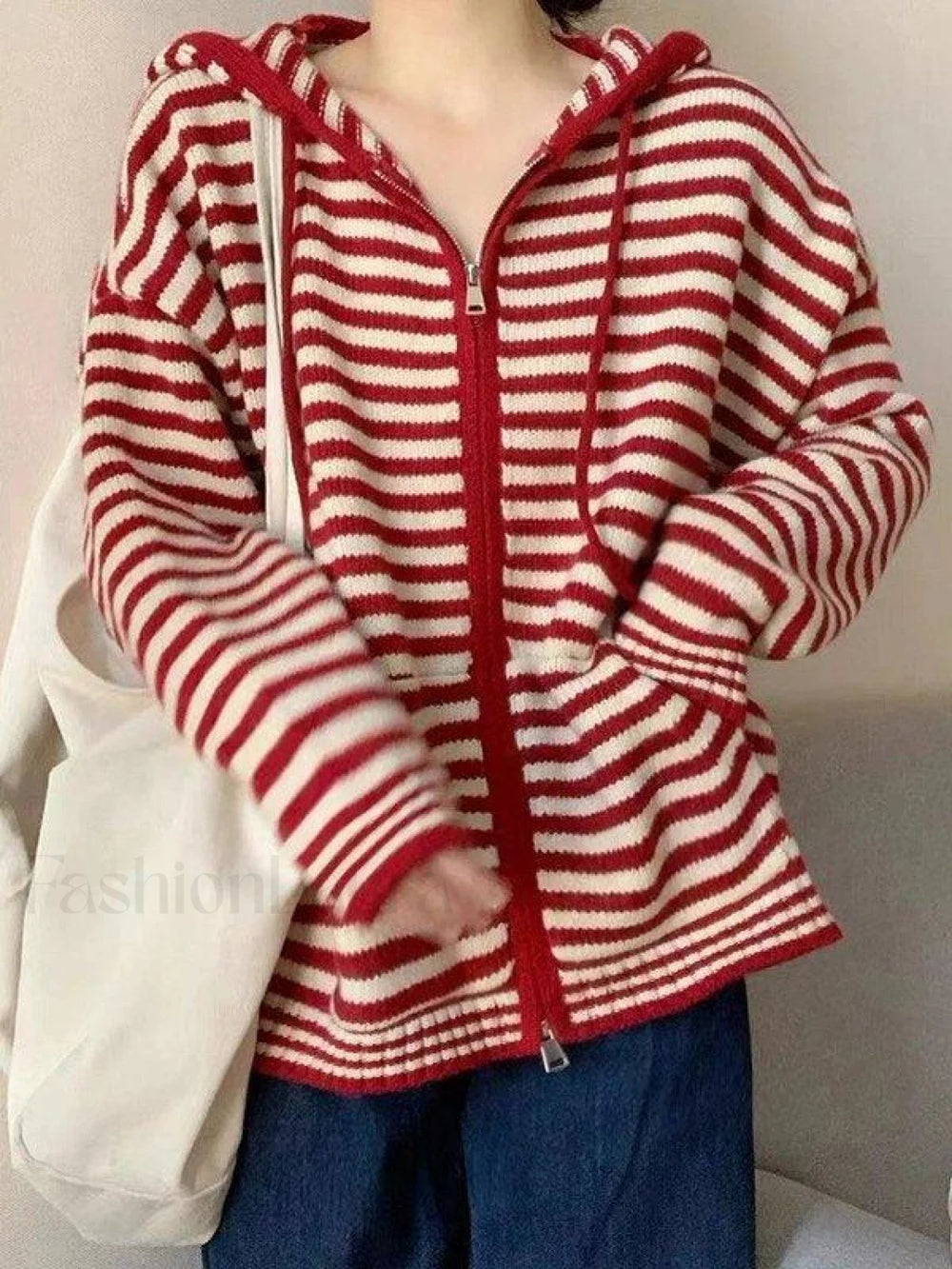 Hooded Striped Long Sleeve Knit Cardigan Red / ONE SIZE Sweaters