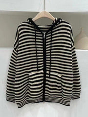 Hooded Striped Long Sleeve Knit Cardigan Sweaters