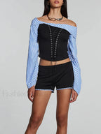 Hot Striped Bandage Shorts Two Piece Set BLACK / S