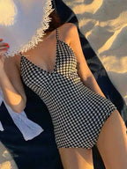 Houndstooth Deep V Neck One Piece