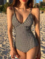 Houndstooth Deep V Neck One Piece Black / M