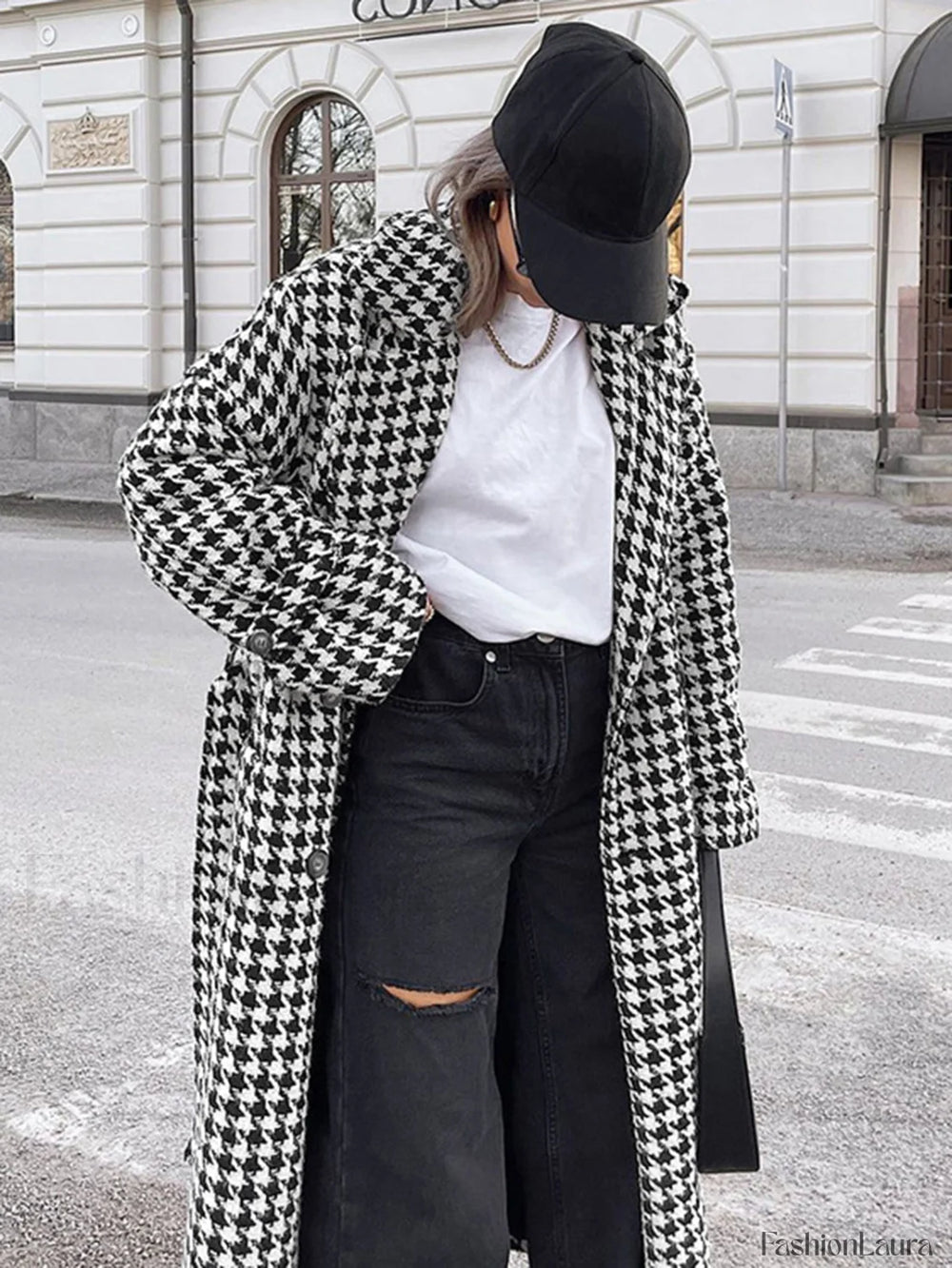 Houndstooth Tweed Graceful Trench Coat Wool Coats