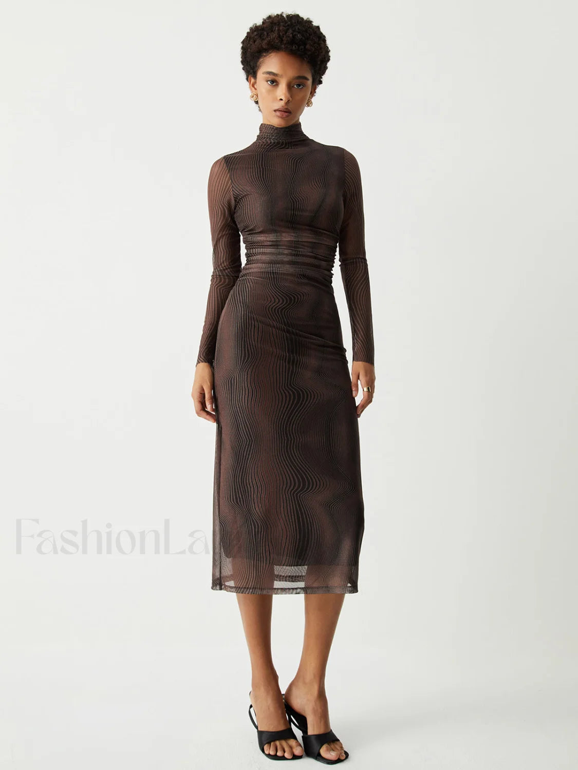 Illusion Tulle Print Mock Modern Neck Mesh Midi Dress Brown / XS Dresses Main image
