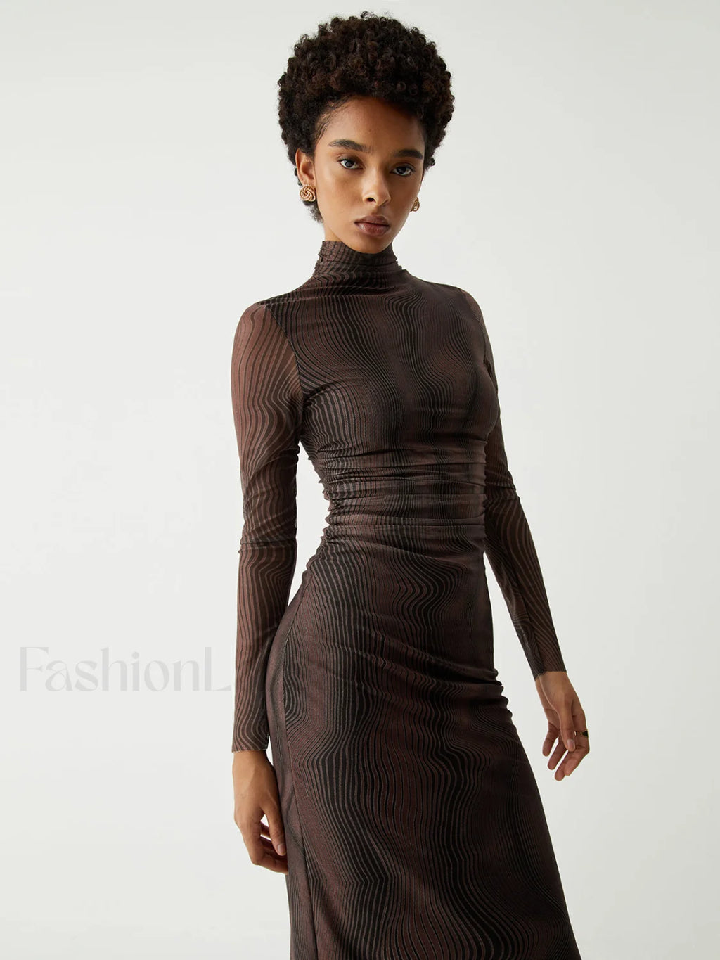 Illusion Tulle Print Mock Modern Neck Mesh Midi Dress Dresses