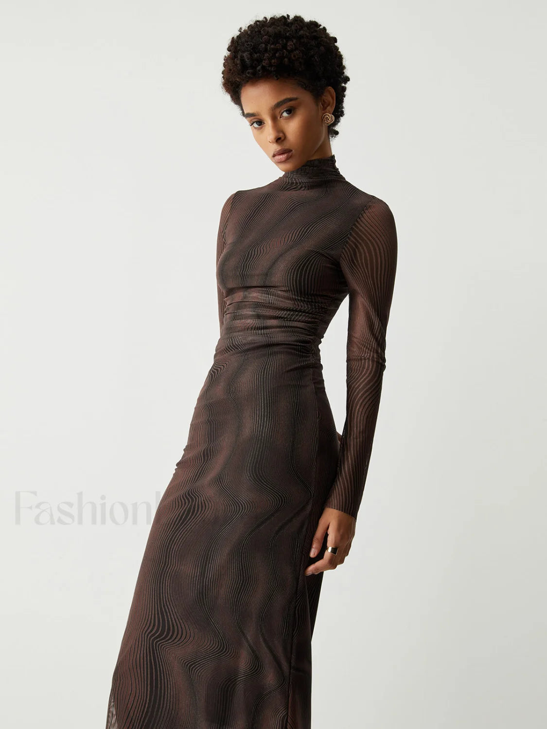 Illusion Tulle Print Mock Modern Neck Mesh Midi Dress Secondary image