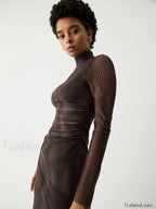 Illusion Tulle Print Mock Modern Neck Mesh Midi Dress Dresses