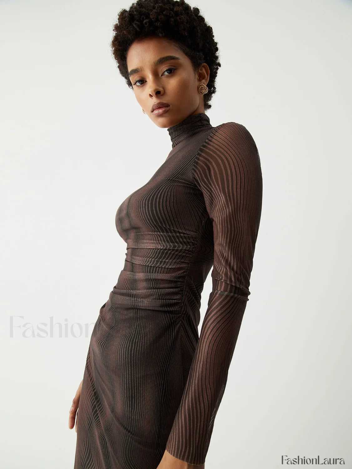 Illusion Tulle Print Mock Modern Neck Mesh Midi Dress Dresses