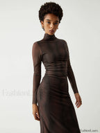 Illusion Tulle Print Mock Modern Neck Mesh Midi Dress Dresses