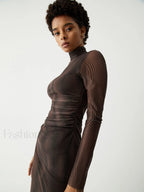 Illusion Tulle Print Mock Modern Neck Mesh Midi Dress Dresses