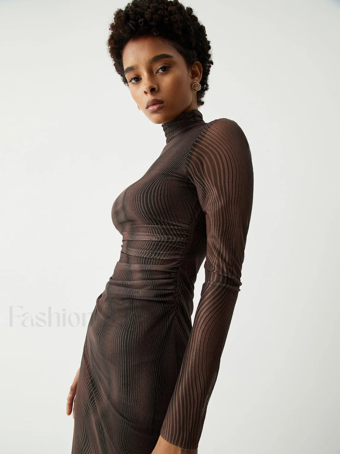 Illusion Tulle Print Mock Modern Neck Mesh Midi Dress Dresses