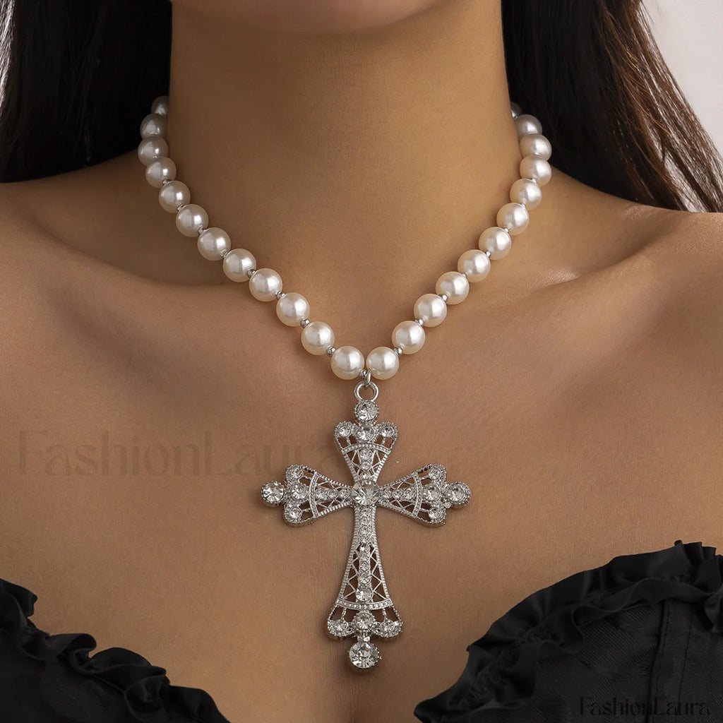 Imitation Pearl Gothic Pendant Cross Necklace SILVER
