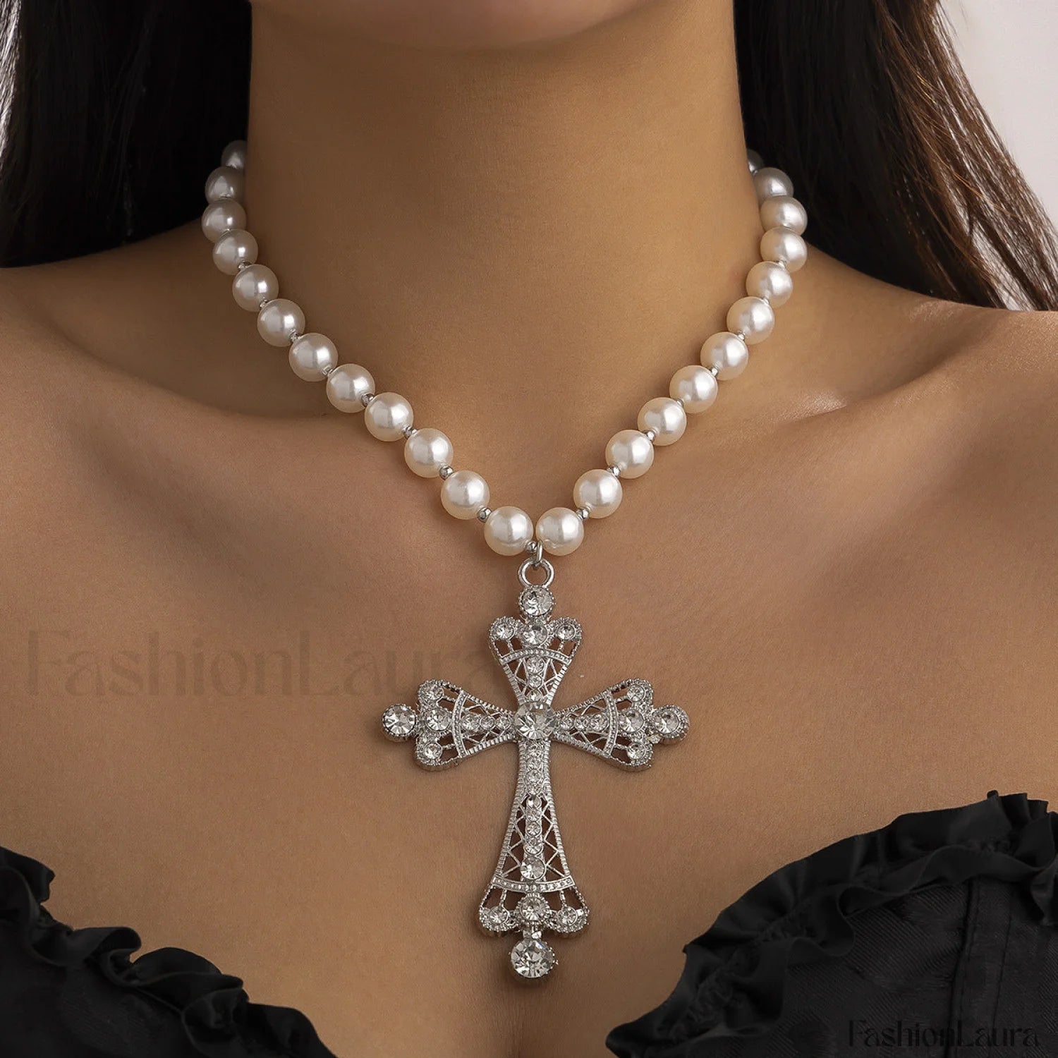 Imitation Pearl Gothic Pendant Cross Necklace SILVER