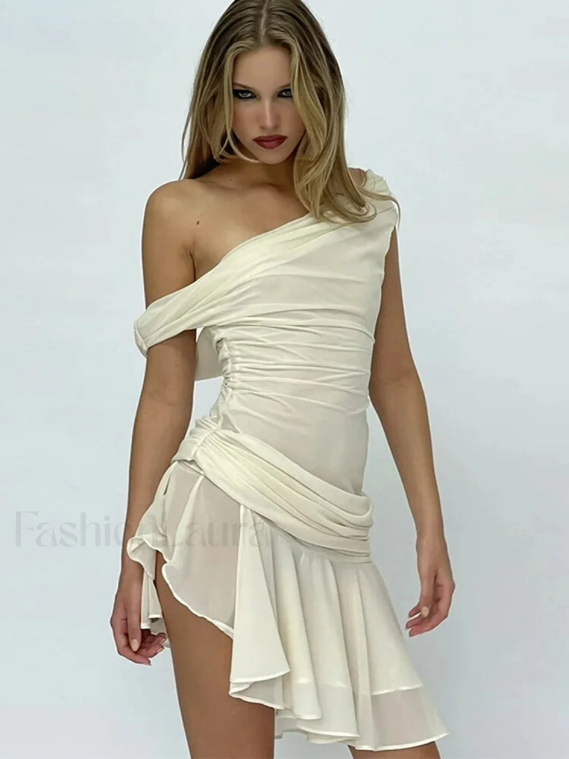 Inclined Shoulder Patchwork Mini Dress Main image