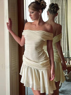 Inclined Shoulder Patchwork Mini Dress WHITE / S
