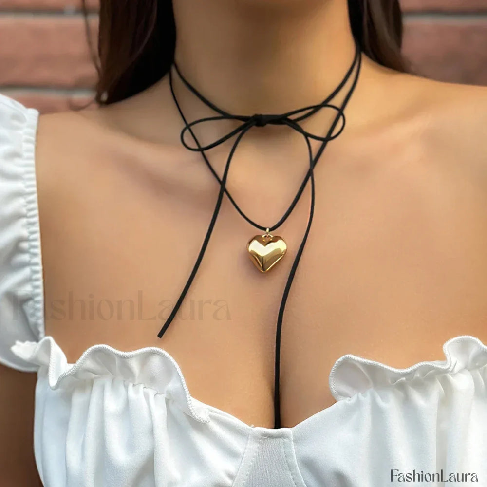 Ingemark Elegant Love Heart Collares Knotted Bowknot Y2K Necklace Gold