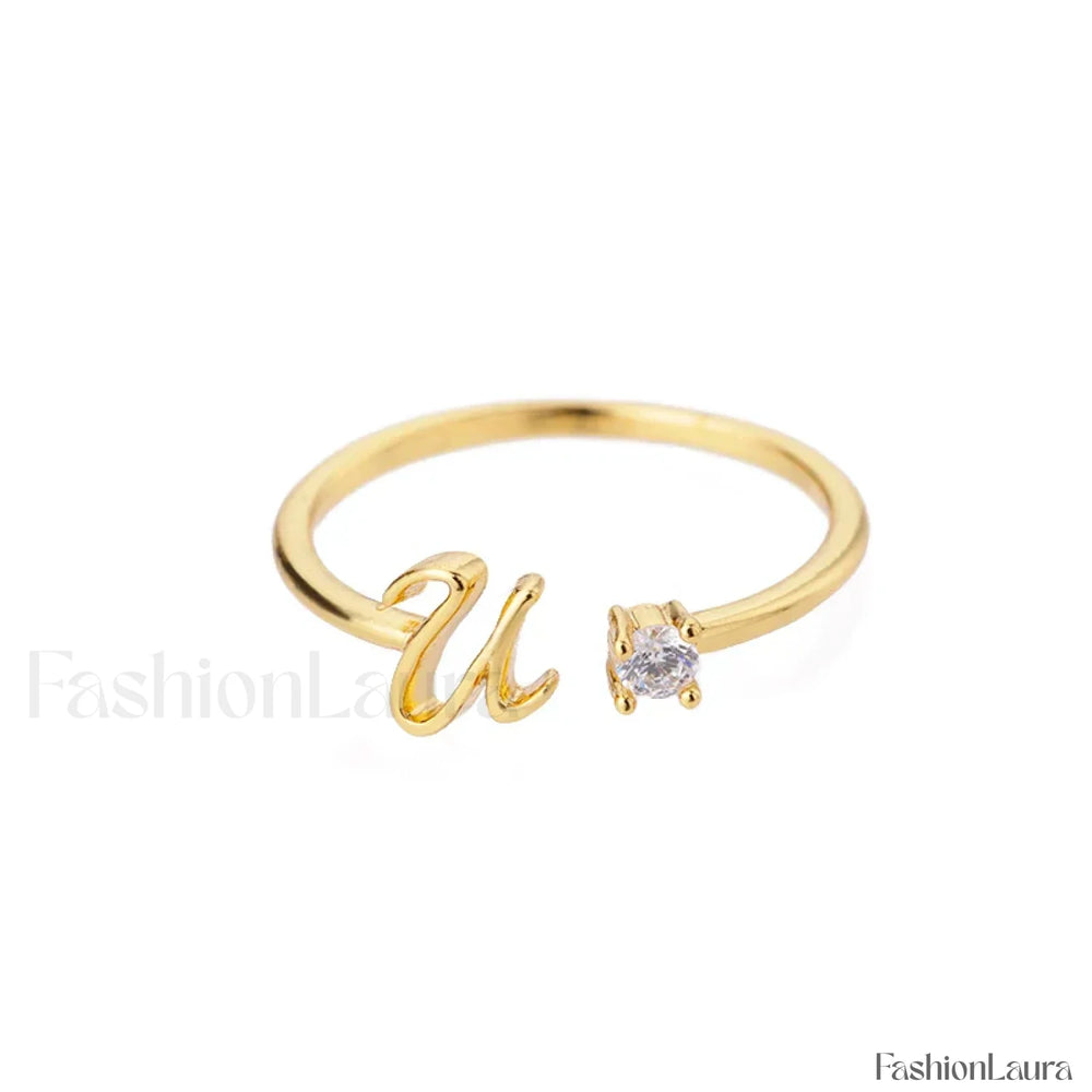 Initial Adjustable Stainless Wedding Couple Accessories Gift Ring 7 / U / gold