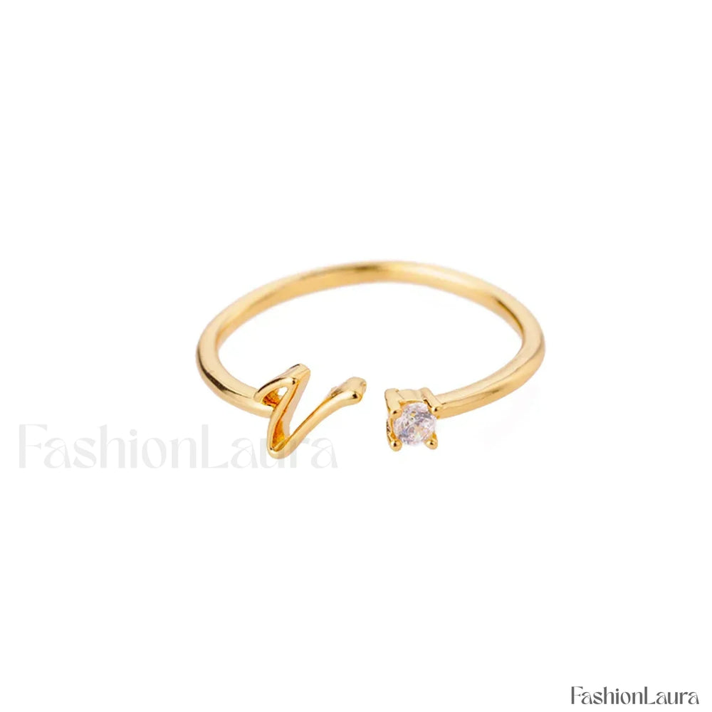 Initial Adjustable Stainless Wedding Couple Accessories Gift Ring 7 / V / gold