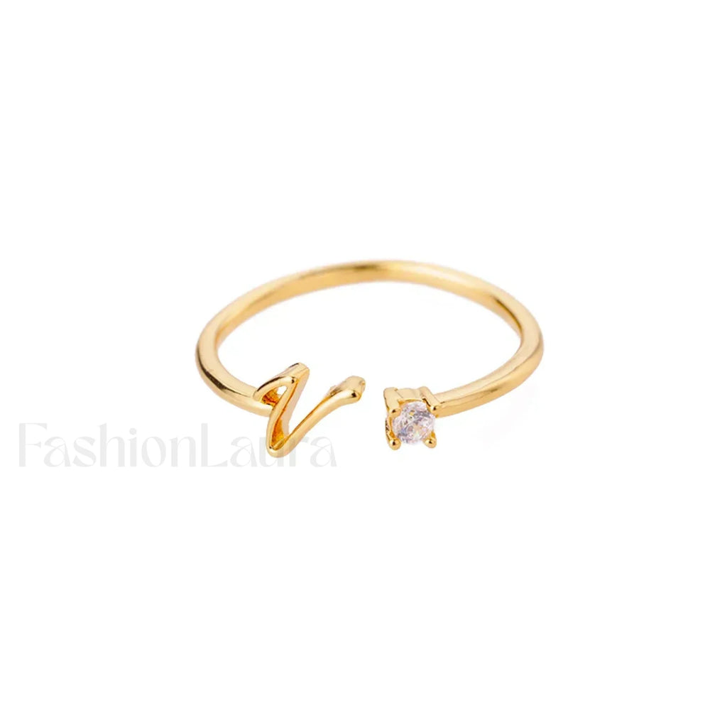 Initial Adjustable Stainless Wedding Couple Accessories Gift Ring 7 / V / gold