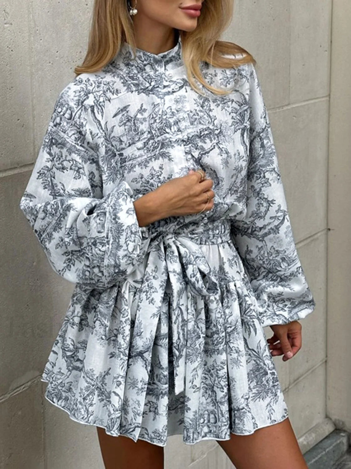 Ink Painting Print Tie Modern Up A Line Short Dress Grey / XS Dresses Main image